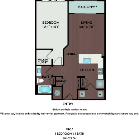 Floor plan for 1 bed, 1 bath, 850 sqft