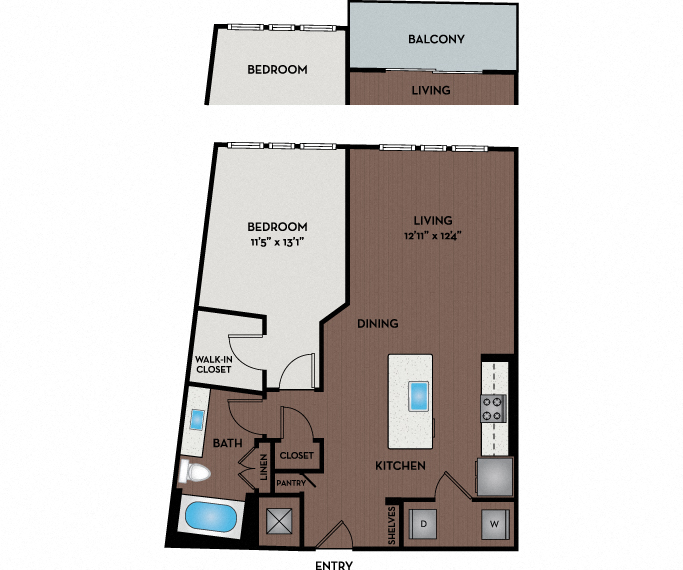 Floor plan for 1 bed, 1 bath, 794 sqft