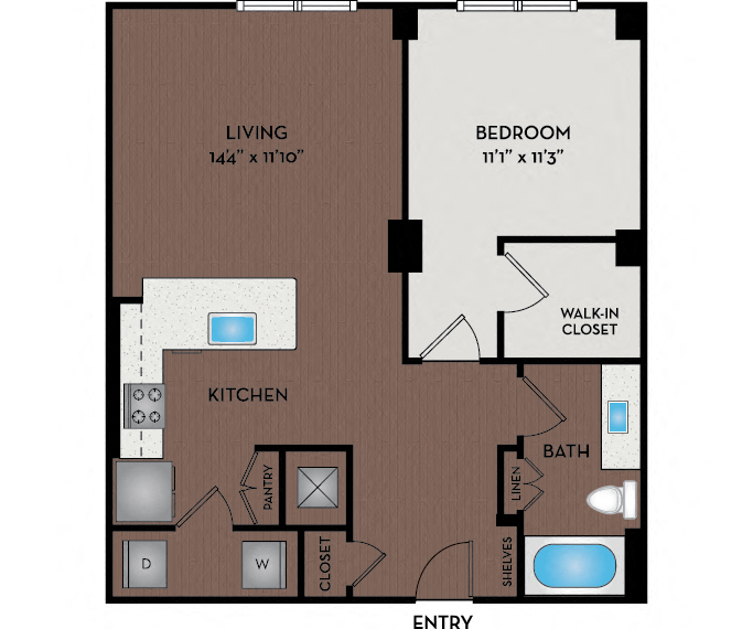 Floor plan for 1 bed, 1 bath, 845 sqft