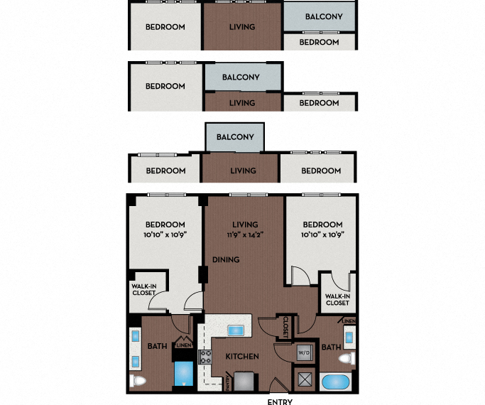 Floor plan for 2 beds, 2 baths, 1086 sqft