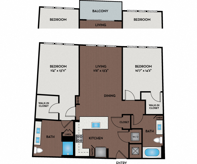 Floor plan for 2 beds, 2 baths, 1116 sqft
