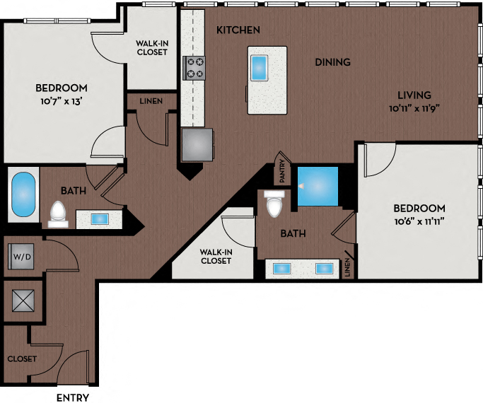 Floor plan for 2 beds, 2 baths, 1237 sqft