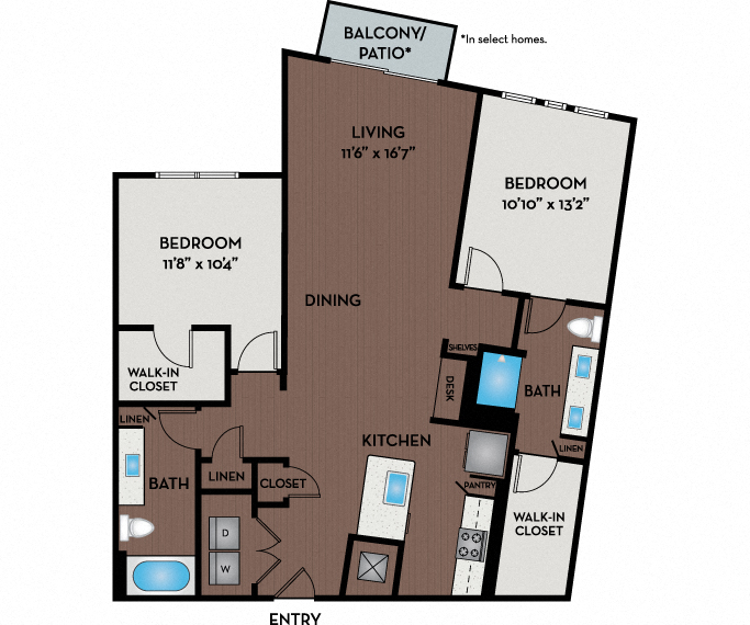 Floor plan for 2 beds, 2 baths, 1450 sqft