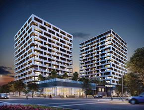 Calgary apartment for rent - Two modern high-rise buildings are shown in the image.