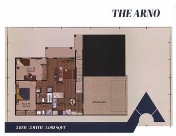 Belgium apartment for rent - A floor plan of a two bedroom apartment with a bathroom and a kitchen.