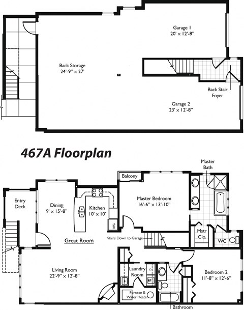 Floor plan for 2 beds, 2 baths, 1000 sqft