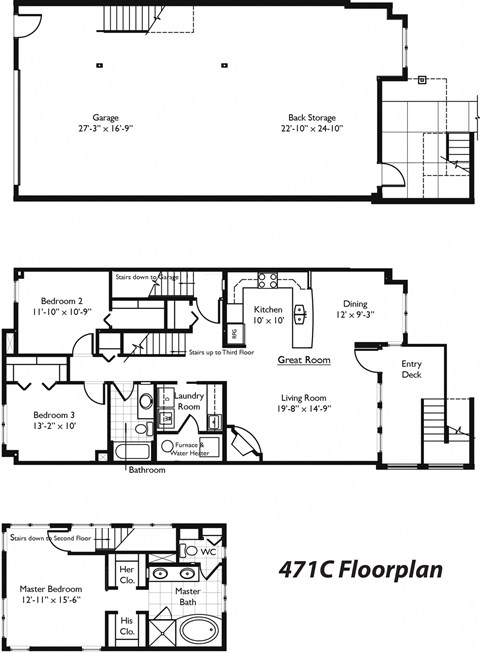 Floor plan for 3 beds, 2 baths, 1400 sqft
