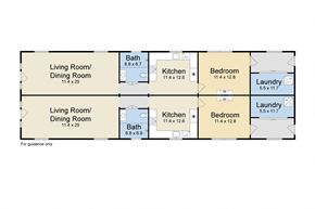 New Orleans apartment for rent - A floor plan of a house with two living rooms, two dining rooms, two kitchens, two bathrooms, two bedrooms, and two laundry areas.