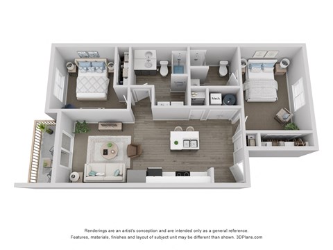 Floor plan for 2 beds, 2 baths, 913 sqft