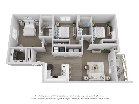 Floor plan for 3 beds, 2 baths, 1263 sqft