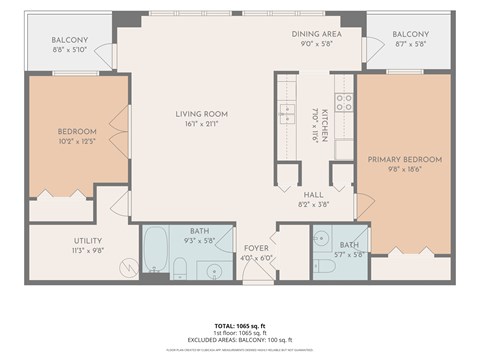 Floor plan for 2 beds, 2 baths, 1138 sqft