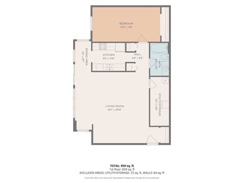 Floor plan for 1 bed, 1 bath, 859 sqft