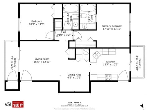 Floor plan for 2 beds, 2 baths, 950 sqft