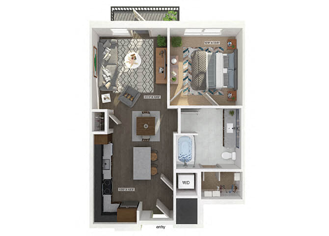 Floor plan for 1 bed, 1 bath, 669 sqft