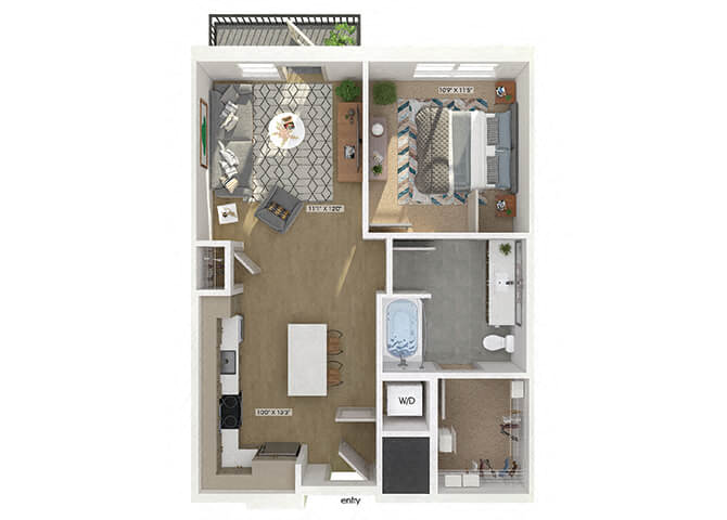 Floor plan for 1 bed, 1 bath, 694 sqft