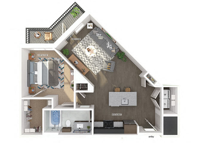 Floor plan for 1 bed, 1 bath, 732 sqft