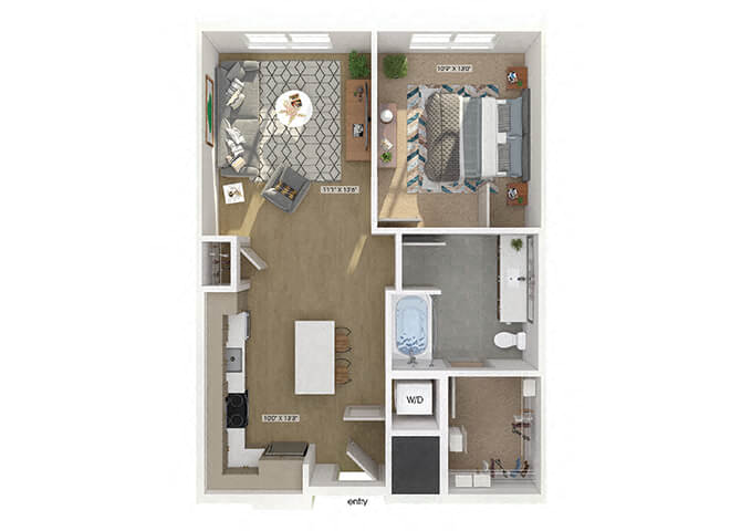 Floor plan for 1 bed, 1 bath, 820 sqft