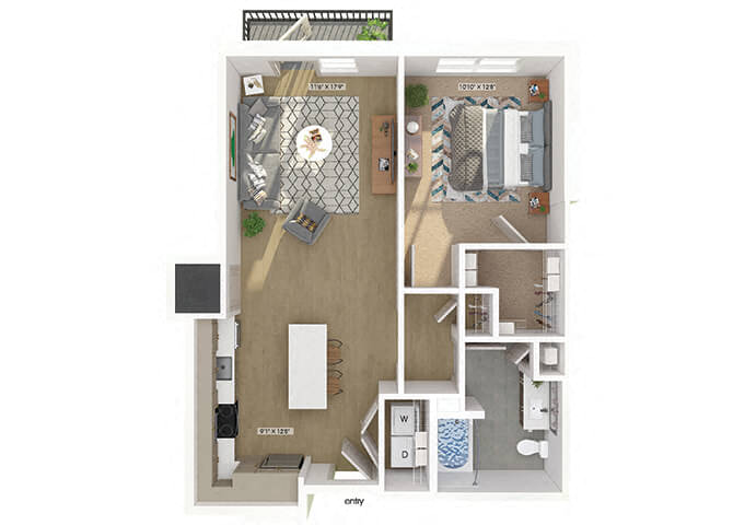 Floor plan for 1 bed, 1 bath, 758 sqft