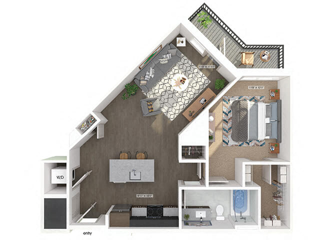 Floor plan for 1 bed, 1 bath, 782 sqft