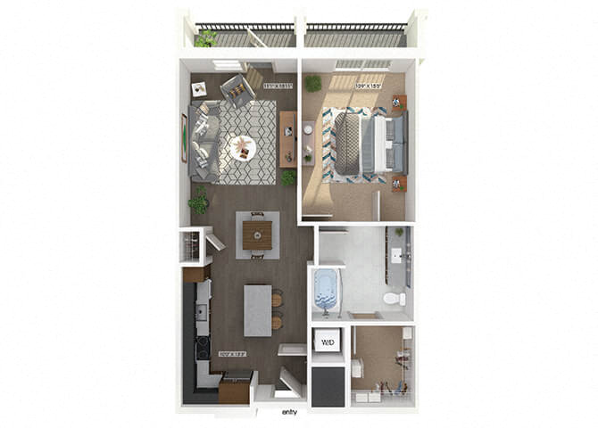 Floor plan for 1 bed, 1 bath, 785 sqft