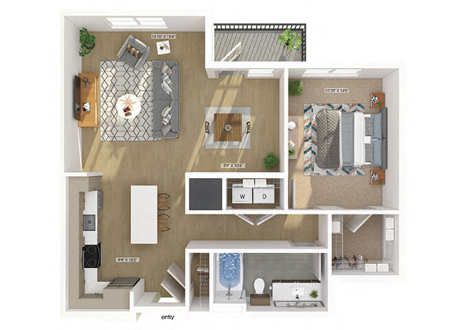 Floor plan for 1 bed, 1 bath, 892 sqft