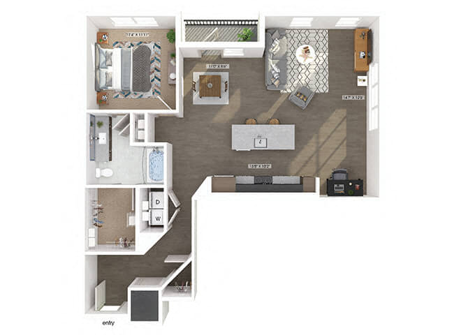 Floor plan for 1 bed, 1 bath, 1101 sqft