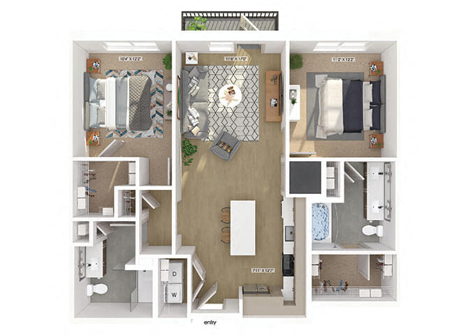 Floor plan for 2 beds, 2 baths, 1090 sqft