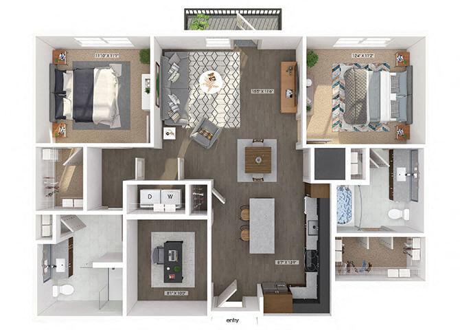 Floor plan for 2 beds, 2 baths, 1244 sqft