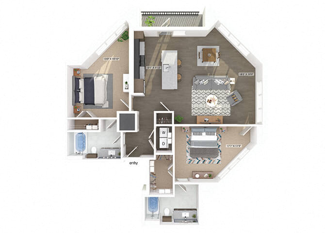 Floor plan for 2 beds, 2 baths, 1302 sqft