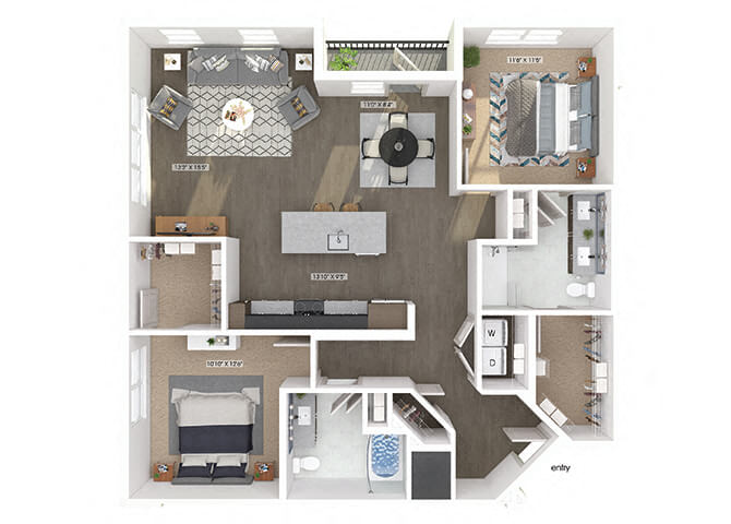 Floor plan for 2 beds, 2 baths, 1336 sqft