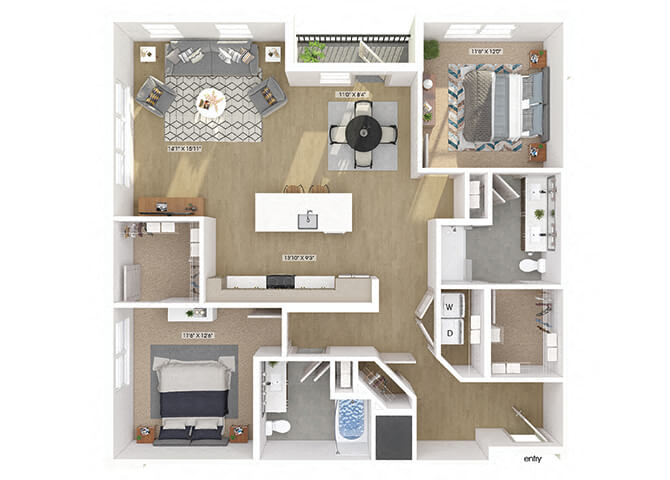 Floor plan for 2 beds, 2 baths, 1447 sqft