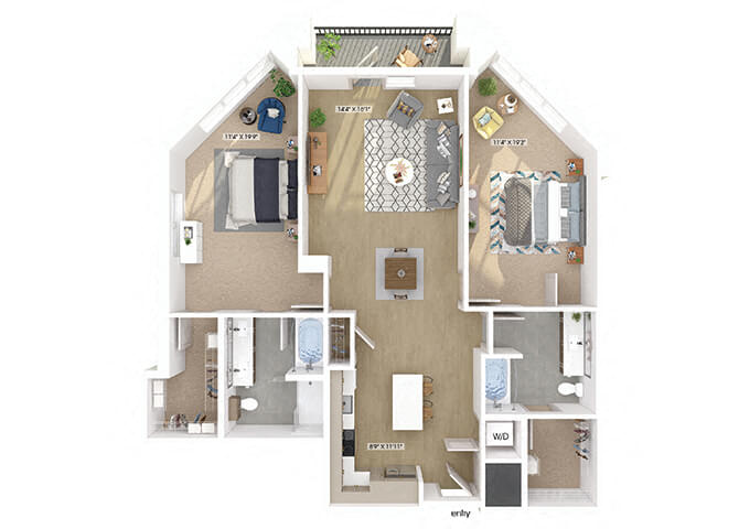 Floor plan for 2 beds, 2 baths, 1402 sqft