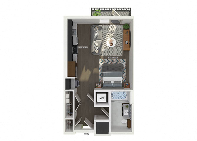 Floor plan for studio, 1 bath, 543 sqft