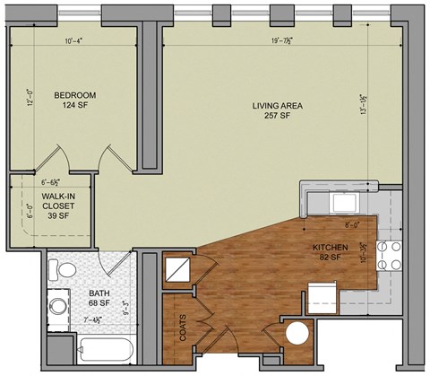 Floor plan for 1 bed, 1 bath, 833 sqft