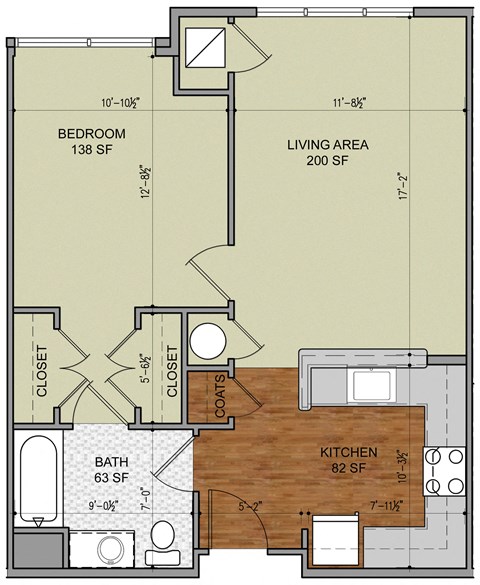 Floor plan for 1 bed, 1 bath, 635 sqft