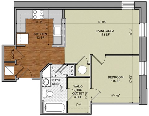 Floor plan for 1 bed, 1 bath, 594 sqft