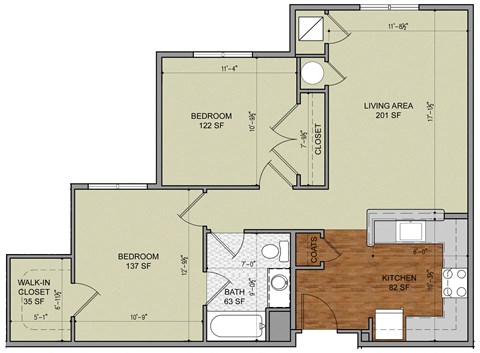 Floor plan for 2 beds, 1 bath, 809 sqft