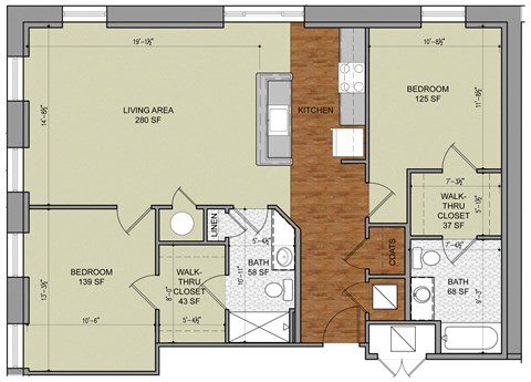 Floor plan for 2 beds, 2 baths, 1018 sqft