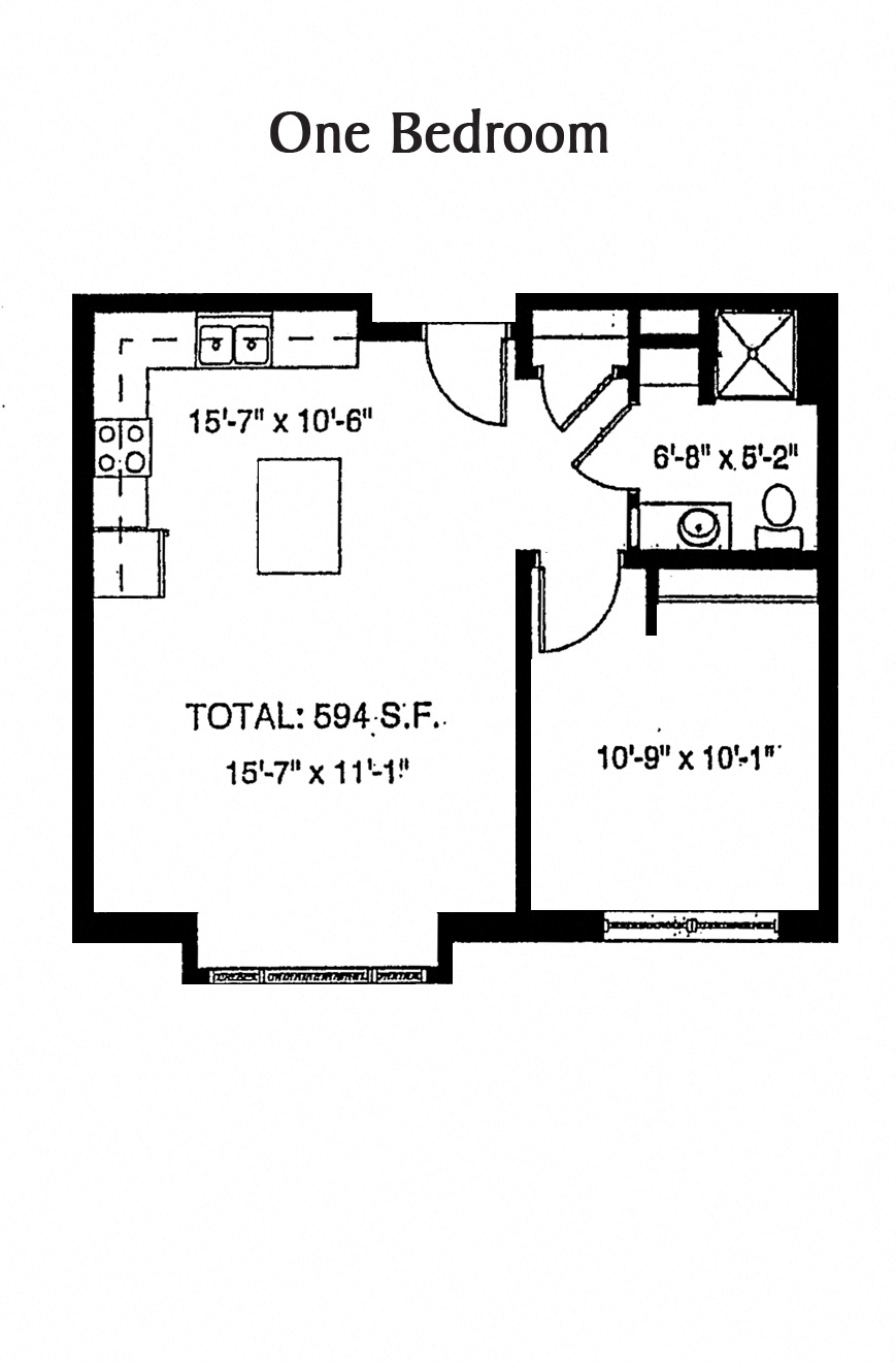 Floor plan for 1 bed, 1 bath, 652 sqft