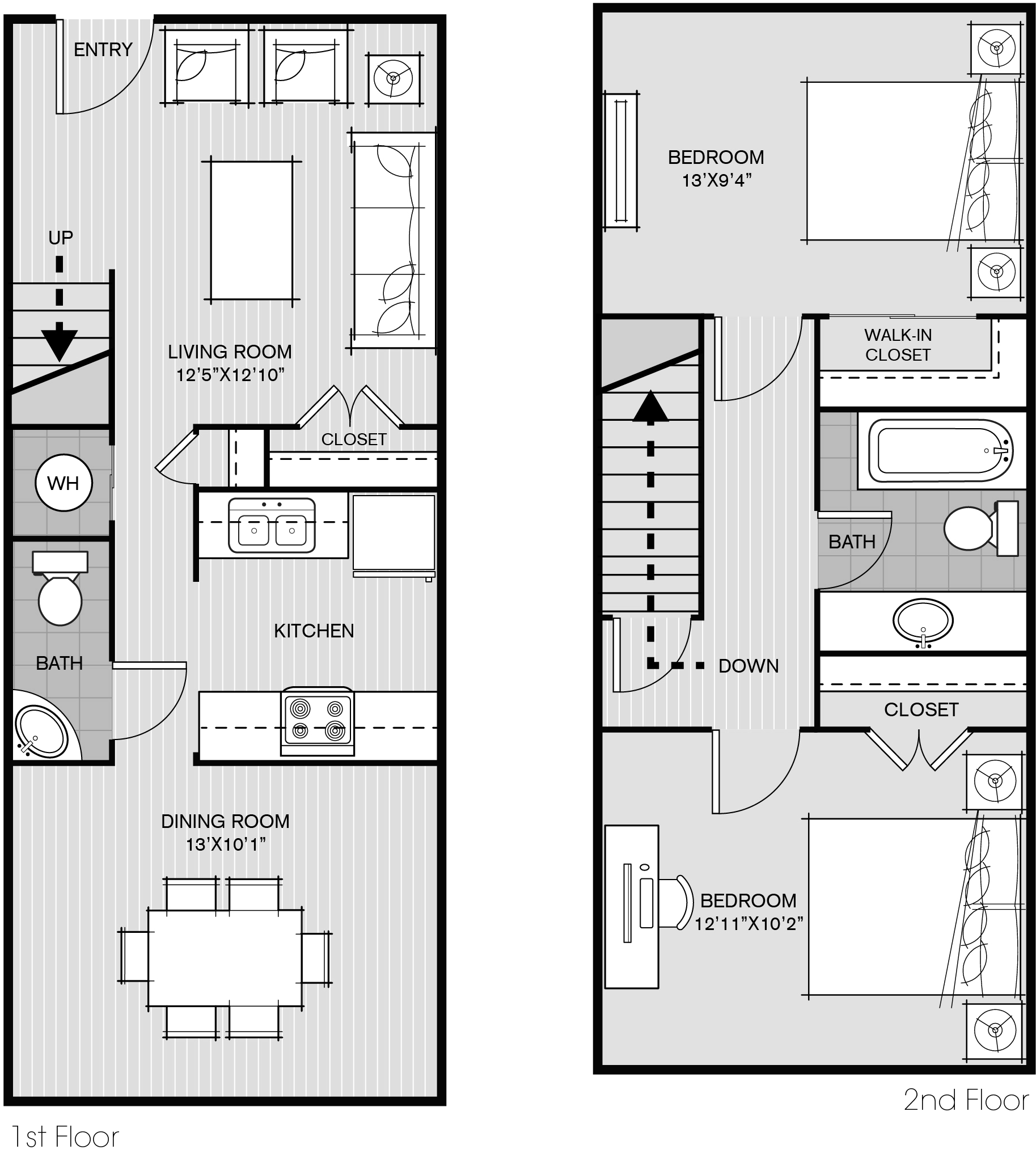 Floor plan for 2 beds, 1.5 baths, 980 sqft