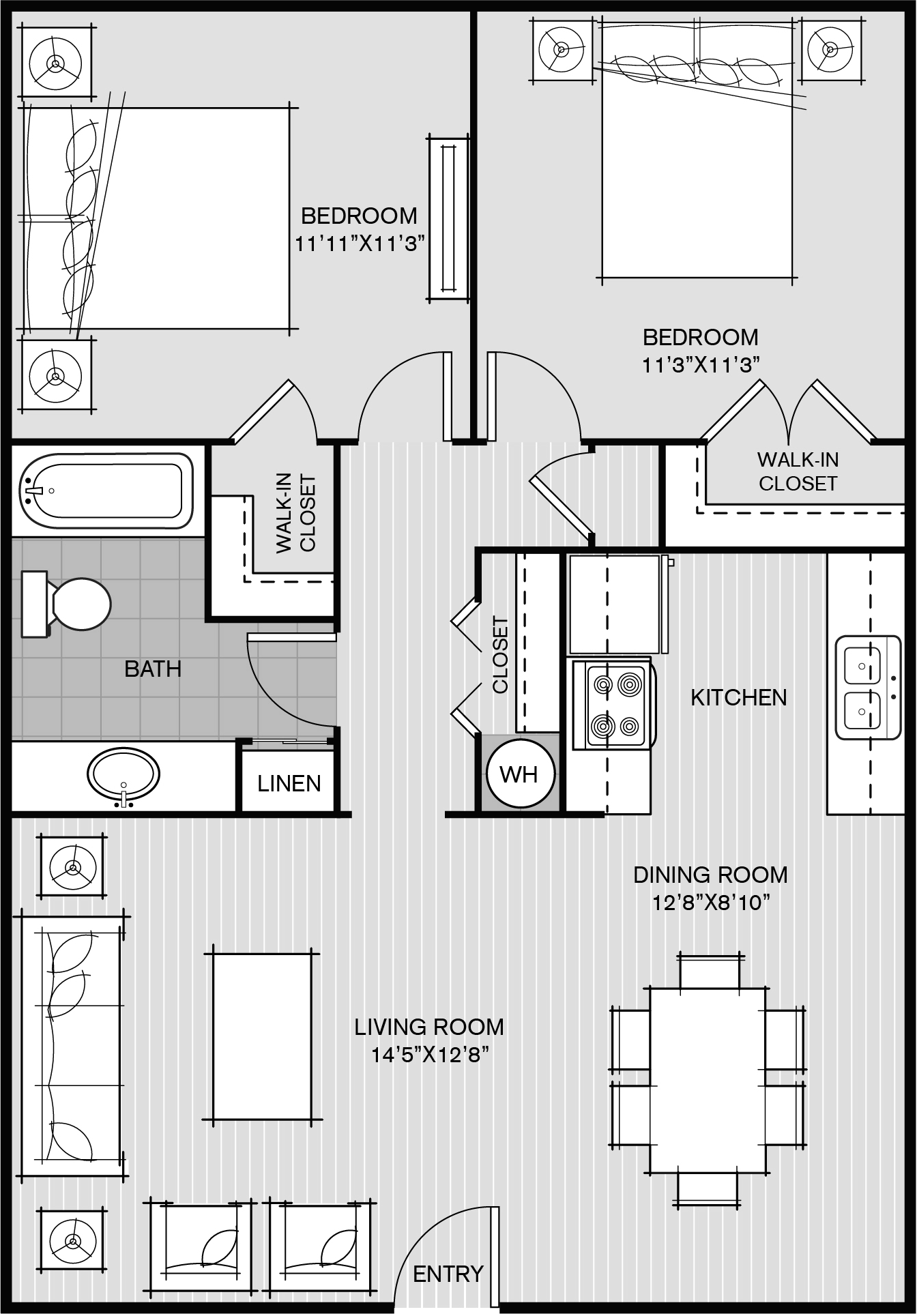 Floor plan for 2 beds, 1 bath, 890 sqft
