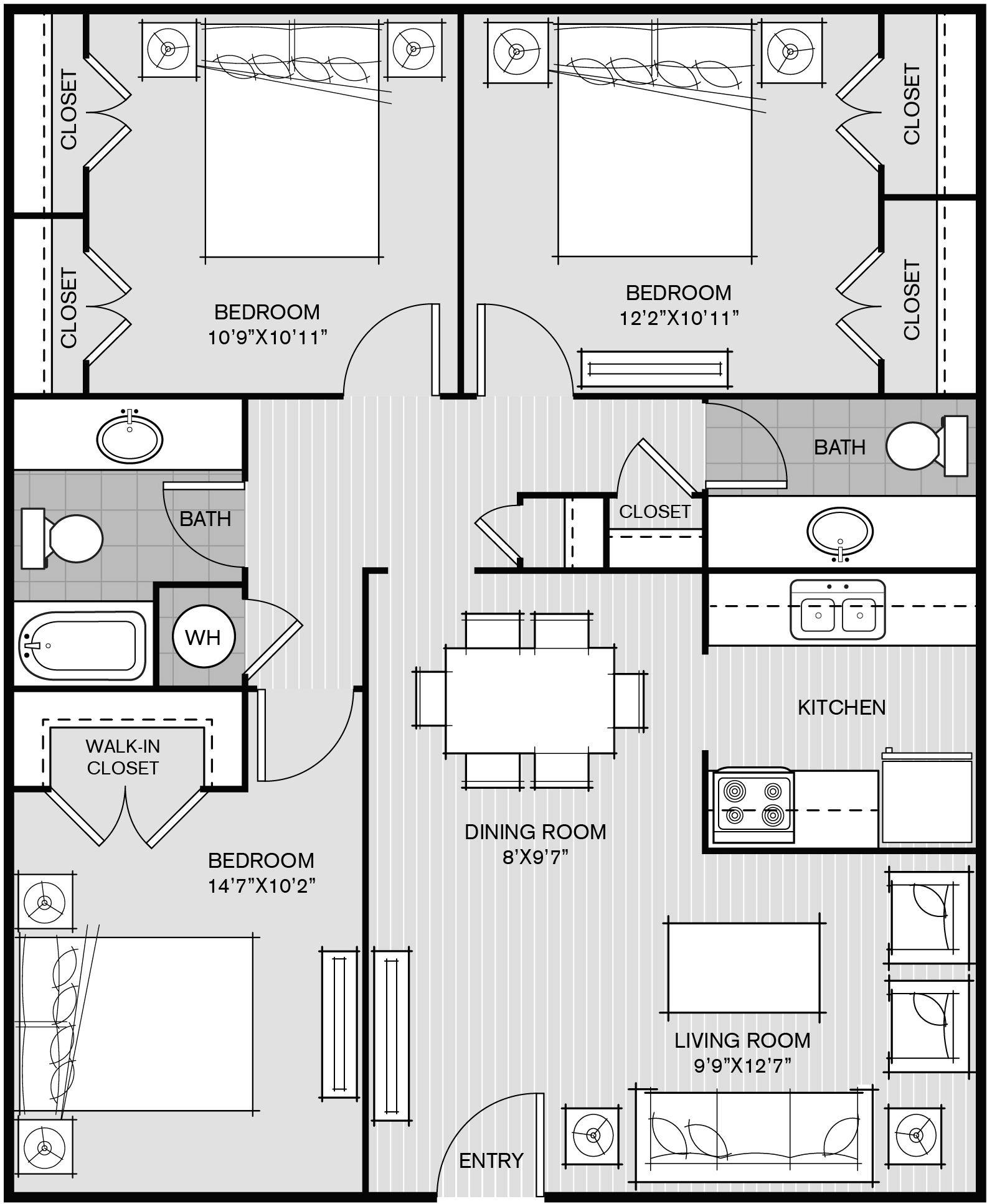 Floor plan for 3 beds, 1.5 baths, 1080 sqft
