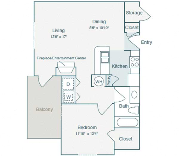 Floor plan for 1 bed, 1 bath, 719 sqft
