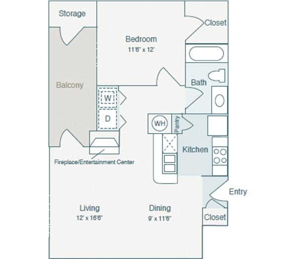 Floor plan for 1 bed, 1 bath, 723 sqft