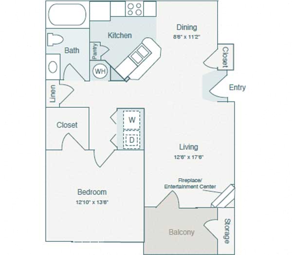 Floor plan for 1 bed, 1 bath, 777 sqft
