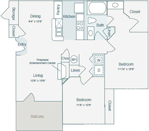 Floor plan for 1 bed, 1 bath, 1024 sqft