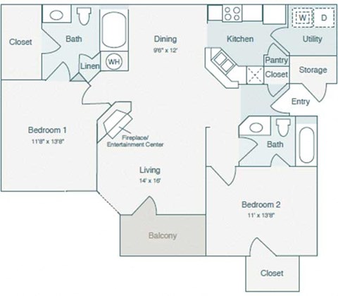 Floor plan for 2 beds, 2 baths, 1089 sqft