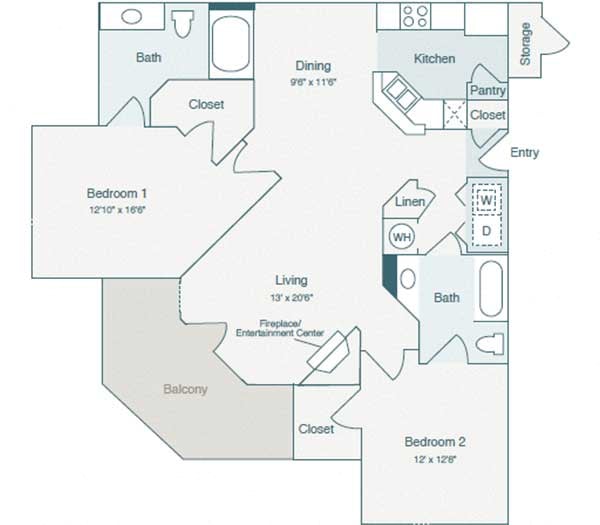 Floor plan for 2 beds, 2 baths, 1137 sqft