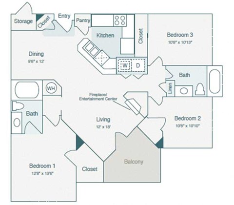 Floor plan for 3 beds, 2 baths, 1254 sqft
