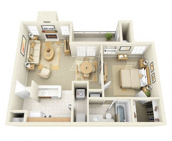 Floor plan for 1 bed, 1 bath, 750 sqft